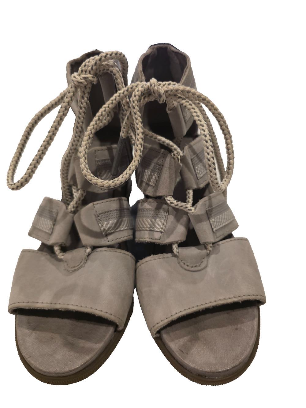 Sorel Joanie II Y2K Sandals Women 6.5 Ash Gray Wedge Leather Strappy Gladiator